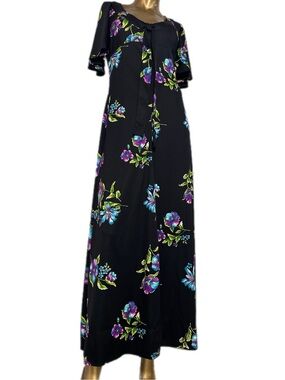 Vintage Black Floral Print Maxi Dress Empire Waist Flutter Sleeve Tie Front